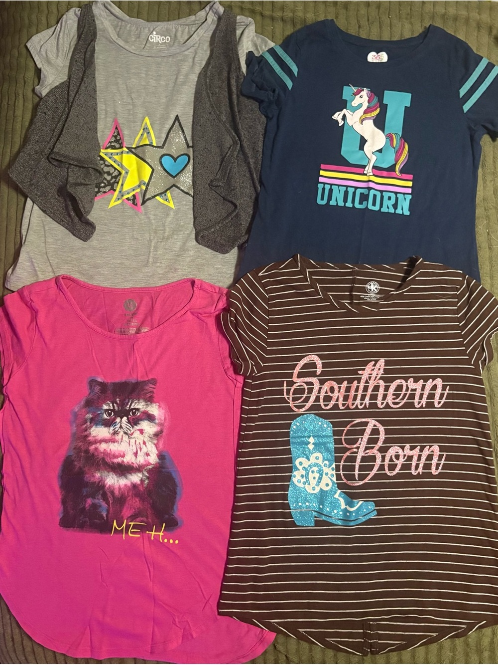 Girls size 10/12 Assorted Graphic Short Sleeve Tees - Navy, Gray, Pink, Brown
